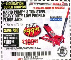 Harbor Freight Coupon RAPID PUMP 3 TON STEEL HEAVY DUTY LOW PROFILE FLOOR JACK Lot No. 56618/56619/56620/56617 Expired: 6/30/20 - $99.99