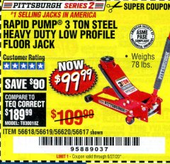 Harbor Freight Coupon RAPID PUMP 3 TON STEEL HEAVY DUTY LOW PROFILE FLOOR JACK Lot No. 56618/56619/56620/56617 Expired: 6/30/20 - $99.99