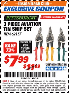 Harbor Freight ITC Coupon 3 PIECE AVIATION TIN SNIP SET Lot No. 69000/62157 Expired: 8/31/18 - $7.99