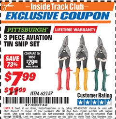 Harbor Freight ITC Coupon 3 PIECE AVIATION TIN SNIP SET Lot No. 69000/62157 Expired: 11/30/18 - $7.99