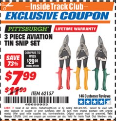 Harbor Freight ITC Coupon 3 PIECE AVIATION TIN SNIP SET Lot No. 69000/62157 Expired: 1/31/19 - $7.99