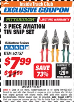 Harbor Freight ITC Coupon 3 PIECE AVIATION TIN SNIP SET Lot No. 69000/62157 Expired: 3/31/19 - $7.99