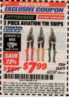 Harbor Freight ITC Coupon 3 PIECE AVIATION TIN SNIP SET Lot No. 69000/62157 Expired: 7/31/19 - $7.99