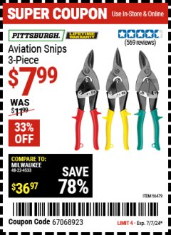 Harbor Freight Coupon 3 PIECE AVIATION TIN SNIP SET Lot No. 69000/62157 Expired: 7/7/24 - $7.99