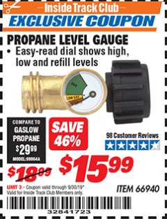 Harbor Freight ITC Coupon PROPANE LEVEL GAUGE Lot No. 66940 Expired: 9/30/19 - $15.99