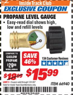 Harbor Freight ITC Coupon PROPANE LEVEL GAUGE Lot No. 66940 Expired: 1/31/20 - $15.99