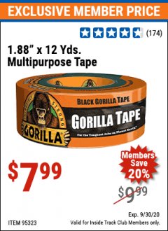 Harbor Freight ITC Coupon 1.88" X 12 YARDS GORILLA TAPE Lot No. 95323 Expired: 9/30/20 - $7.99