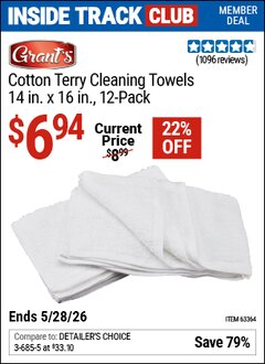 Harbor Freight ITC Coupon GRANT'S COTTON TERRY CLEANING TOWELS 14 IN. X 16 IN., 12-PACK Lot No. 63364 Valid Thru: 5/28/26 - $6.94