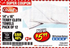 Harbor Freight Coupon 14" X 16" TERRY CLOTH TOWELS PACK OF 12 Lot No. 64829/63364 Expired: 3/31/20 - $5.99