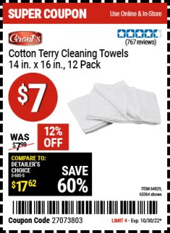 Harbor Freight Coupon 14" X 16" TERRY CLOTH TOWELS PACK OF 12 Lot No. 64829/63364 Expired: 10/30/22 - $7