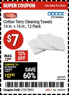 Harbor Freight Coupon GRANT'S COTTON TERRY CLEANING TOWELS 14 IN. X 16 IN., 12-PACK Lot No. 63364 Expired: 10/30/22 - $7