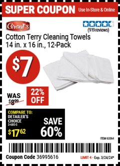 Harbor Freight Coupon 14" X 16" TERRY CLOTH TOWELS PACK OF 12 Lot No. 64829/63364 Expired: 3/24/24 - $7