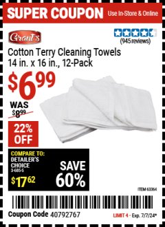 Harbor Freight Coupon GRANT'S COTTON TERRY CLEANING TOWELS 14 IN. X 16 IN., 12-PACK Lot No. 63364 Expired: 7/7/24 - $6.99