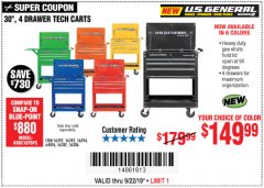 Harbor Freight Coupon 30", 4 DRAWER TECH CART Lot No. 64818/56391/56387/56386/56392/56394/56393/64096 Expired: 9/22/19 - $149.99
