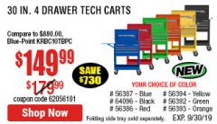 Harbor Freight Coupon 30", 4 DRAWER TECH CART Lot No. 64818/56391/56387/56386/56392/56394/56393/64096 Expired: 9/30/19 - $149.99