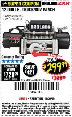 Harbor Freight Coupon 12,000 LB. TRUCK/SUV WINCH Lot No. 64045/64046/63770 Expired: 11/30/19 - $299.99