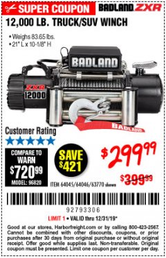 Harbor Freight Coupon 12,000 LB. TRUCK/SUV WINCH Lot No. 64045/64046/63770 Expired: 12/31/19 - $299.99