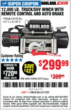 Harbor Freight Coupon 12,000 LB. TRUCK/SUV WINCH Lot No. 64045/64046/63770 Expired: 2/17/20 - $299.99