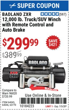 Harbor Freight Coupon 12,000 LB. TRUCK/SUV WINCH Lot No. 64045/64046/63770 Expired: 7/5/20 - $299.99
