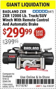Harbor Freight Coupon 12,000 LB. TRUCK/SUV WINCH Lot No. 64045/64046/63770 Expired: 9/30/20 - $299.99