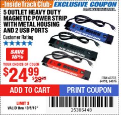Harbor Freight ITC Coupon 5 OUTLET HEAVY DUTY MAGNETIC POWER STRIP WITH METAL HOUSING AND 2 USB PORTS Lot No. 63737/64876/64798 Expired: 10/8/19 - $24.99