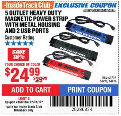 Harbor Freight ITC Coupon 5 OUTLET HEAVY DUTY MAGNETIC POWER STRIP WITH METAL HOUSING AND 2 USB PORTS Lot No. 63737/64876/64798 Expired: 12/31/19 - $24.99