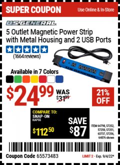 Harbor Freight Coupon 5 OUTLET HEAVY DUTY MAGNETIC POWER STRIP WITH METAL HOUSING AND 2 USB PORTS Lot No. 63737/64876/64798 Expired: 9/4/22 - $24.99