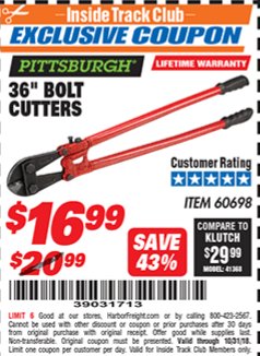 Harbor Freight ITC Coupon 36" BOLT CUTTERS Lot No. 41150/60698 Expired: 10/31/18 - $16.99