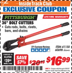 Harbor Freight ITC Coupon 36" BOLT CUTTERS Lot No. 41150/60698 Expired: 4/30/20 - $16.99