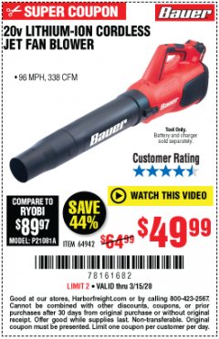 Harbor Freight Coupon 20V LITHIUM BAUER BLOWER Lot No. 64942 Expired: 3/15/20 - $49.99