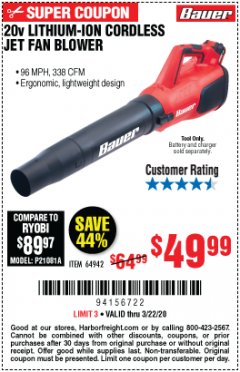 Harbor Freight Coupon 20V LITHIUM BAUER BLOWER Lot No. 64942 Expired: 3/22/20 - $49.99