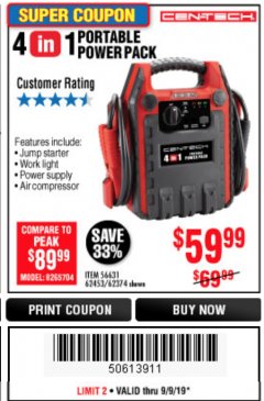Harbor Freight Coupon 4 IN ONE PORTABLE POWER PACK Lot No. 56631/62453/62374 Expired: 9/9/19 - $59.99