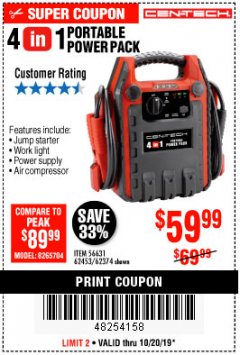 Harbor Freight Coupon 4 IN ONE PORTABLE POWER PACK Lot No. 56631/62453/62374 Expired: 10/20/19 - $59.99