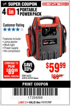 Harbor Freight Coupon 4 IN ONE PORTABLE POWER PACK Lot No. 56631/62453/62374 Expired: 11/17/19 - $59.99