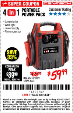 Harbor Freight Coupon 4 IN ONE PORTABLE POWER PACK Lot No. 56631/62453/62374 Expired: 1/6/20 - $59.99