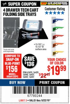 Harbor Freight Coupon U.S. GENERAL FOLDING SIDE TRAY FOR 4-DRAWER TECH CART Lot No. 56437/56439/56440/56441/56442/63470/72414/72415 Expired: 9/22/19 - $19.99