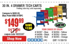 Harbor Freight Coupon U.S. GENERAL FOLDING SIDE TRAY FOR 4-DRAWER TECH CART Lot No. 56437/56439/56440/56441/56442/63470/72414/72415 Expired: 11/30/19 - $149