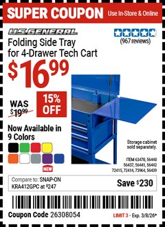 Harbor Freight Coupon U.S. GENERAL FOLDING SIDE TRAY FOR 4-DRAWER TECH CART Lot No. 56437/56439/56440/56441/56442/63470/72414/72415 Valid Thru: 3/8/26 - $16.99