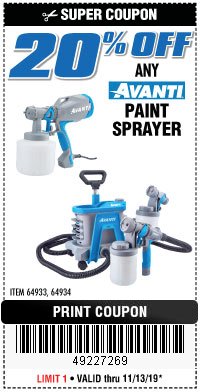 Harbor Freight Coupon 20PCT OFF ANY AVANTI PAINT SPRAYER Lot No. 64933/64934 Expired: 11/13/19 - $0