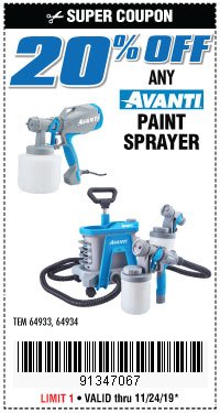 Harbor Freight Coupon 20PCT OFF ANY AVANTI PAINT SPRAYER Lot No. 64933/64934 Expired: 11/24/19 - $0