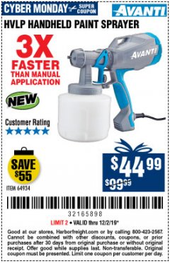Harbor Freight Coupon 20PCT OFF ANY AVANTI PAINT SPRAYER Lot No. 64933/64934 Expired: 12/1/19 - $44.99
