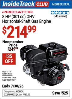 Harbor Freight ITC Coupon PREDATOR 8 HP, 301CC OHV HORIZONTAL-SHAFT GAS ENGINE Lot No. 62554/61415/72928 Valid Thru: 7/30/26 - $214.99
