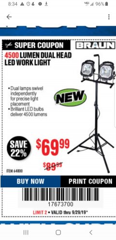Harbor Freight Coupon 4500 LUMEN DUAL HEAD LED WORK LIGHT Lot No. 64800 Expired: 9/29/19 - $69.99