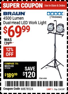 Harbor Freight Coupon BRAUN 4500 LUMEN DUAL-HEAD LED WORK LIGHT Lot No. 64800 Expired: 2/4/24 - $69.99
