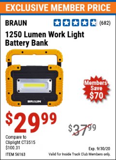 Harbor Freight ITC Coupon 1250 LUMEN RECHARGEABLE WORK LIGHT BATTERY BANK Lot No. 56163 Expired: 9/30/20 - $29.99