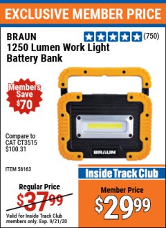 Harbor Freight ITC Coupon BRAUN 1250 LUMEN LED RECHARGEABLE BATTERY BANK WORK LIGHT Lot No. 56163 Expired: 9/21/20 - $29.99