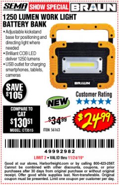 Harbor Freight Coupon BRAUN 1250 LUMEN LED RECHARGEABLE BATTERY BANK WORK LIGHT Lot No. 56163 Expired: 11/24/19 - $24.99