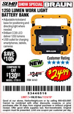 Harbor Freight Coupon BRAUN 1250 LUMEN LED RECHARGEABLE BATTERY BANK WORK LIGHT Lot No. 56163 Expired: 11/24/19 - $24.99