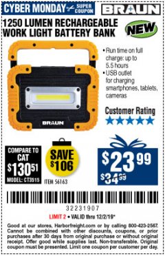 Harbor Freight Coupon BRAUN 1250 LUMEN LED RECHARGEABLE BATTERY BANK WORK LIGHT Lot No. 56163 Expired: 12/1/19 - $23.99