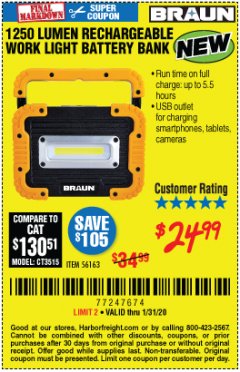 Harbor Freight Coupon BRAUN 1250 LUMEN LED RECHARGEABLE BATTERY BANK WORK LIGHT Lot No. 56163 Expired: 1/31/20 - $24.99
